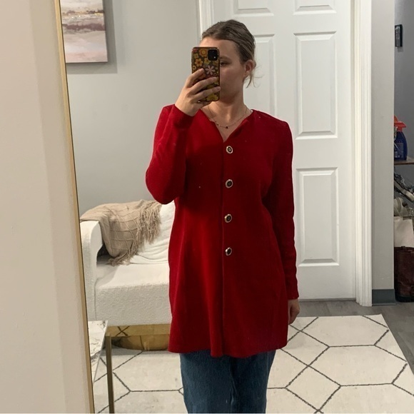 St John Cardigan Jacket Gold Button Down Long in Red - Picture 1 of 6